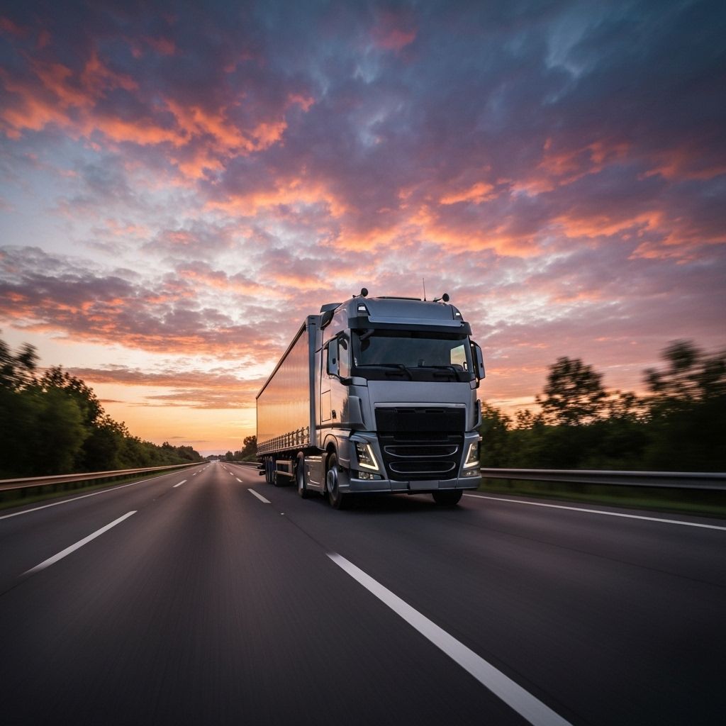 Modern semi-truck on a highway at dawn