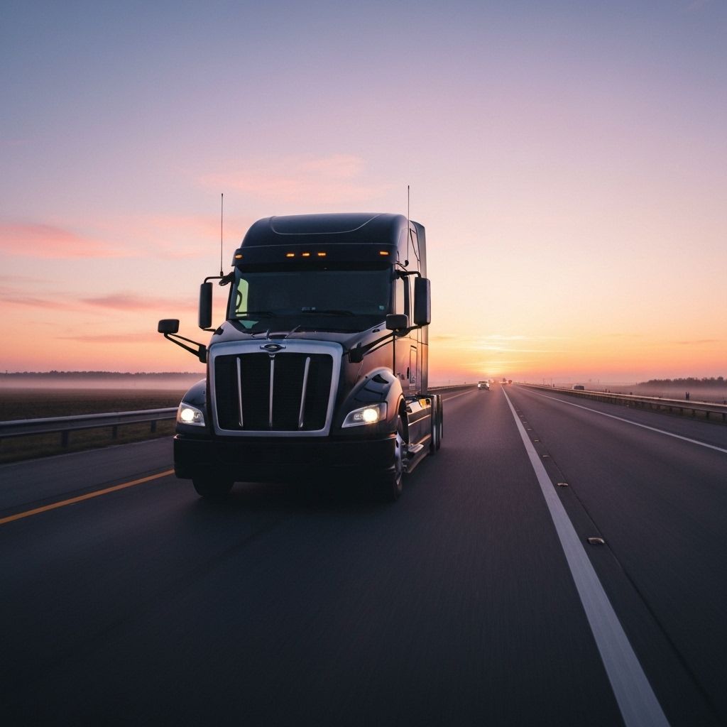 A highly advanced, fully electric Class-8 semi-truck silently executing an incredibly heavy payload transport down a dedicated zero-emission corridor at dawn.